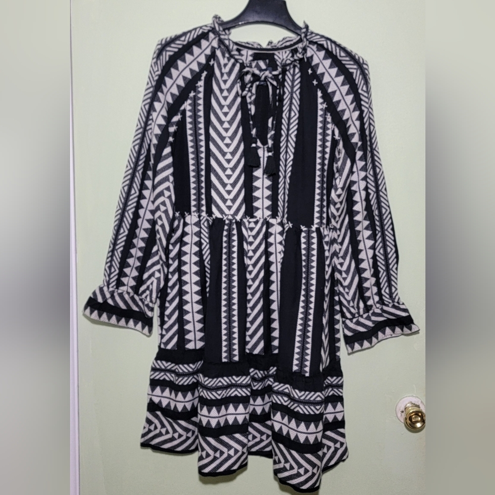 Maeve Anthropologie Dominique Tunic Dress Black White Tribal Azrec Print Boho XS